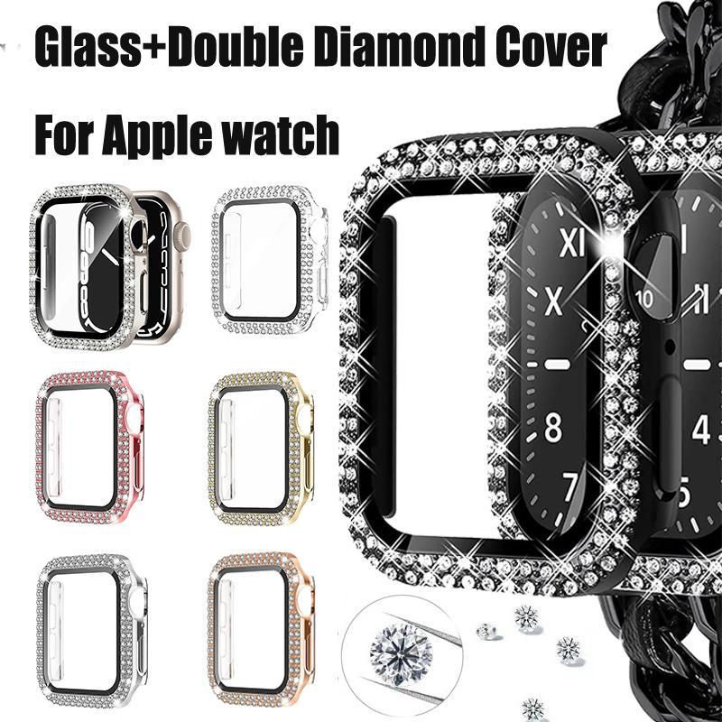 Coque en verre + diamant pour boîtier de montre Apple 40 mm 44 mm 41 mm 45 mm 38 mm 42 mm Bling Bumper Protector iWatch série 9 3 5 6 7 8 se