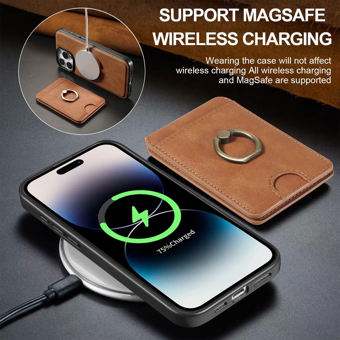 For iPhone 16ProMax 16 15 14 13 12 Leather Phone Case with Strong Magnetic Wallet Ring Stand, Anti-Fall Card Bag Kickstand for Magsafe Shockproof Business Hard Full Cover