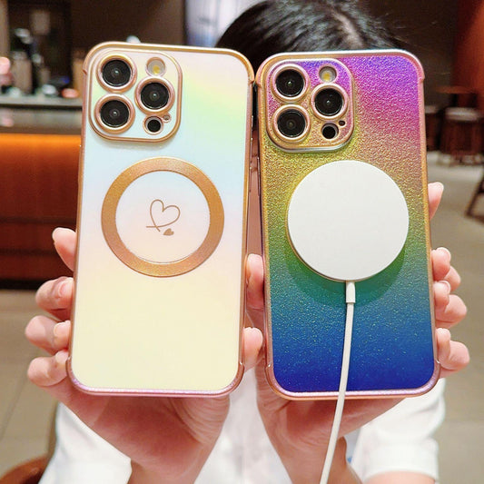 Matte Colorful Plating Gradient Love Heart TPU Strong Magnetic Phone Case For iPhone 16ProMax 15 14 13 12 11 Shockproof Soft Full Cover