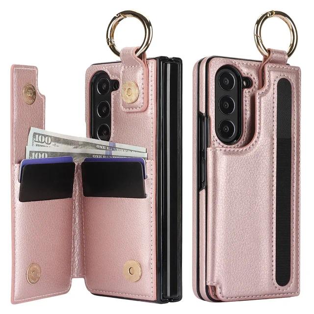 PU Leather Ring Phone Case for Samsung Galaxy Z Fold 6 5 4 3 Fold5 Fold4 Fold3 5G Wallet with Pen Holder & Card Slot (No Pen)
