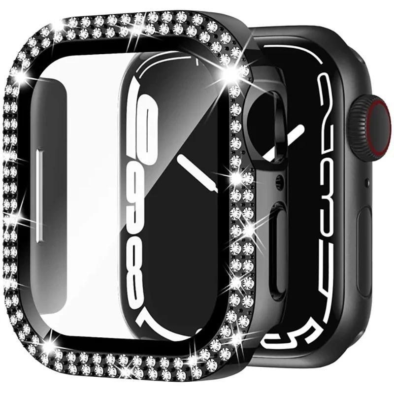 Coque en verre + diamant pour boîtier de montre Apple 40 mm 44 mm 41 mm 45 mm 38 mm 42 mm Bling Bumper Protector iWatch série 9 3 5 6 7 8 se