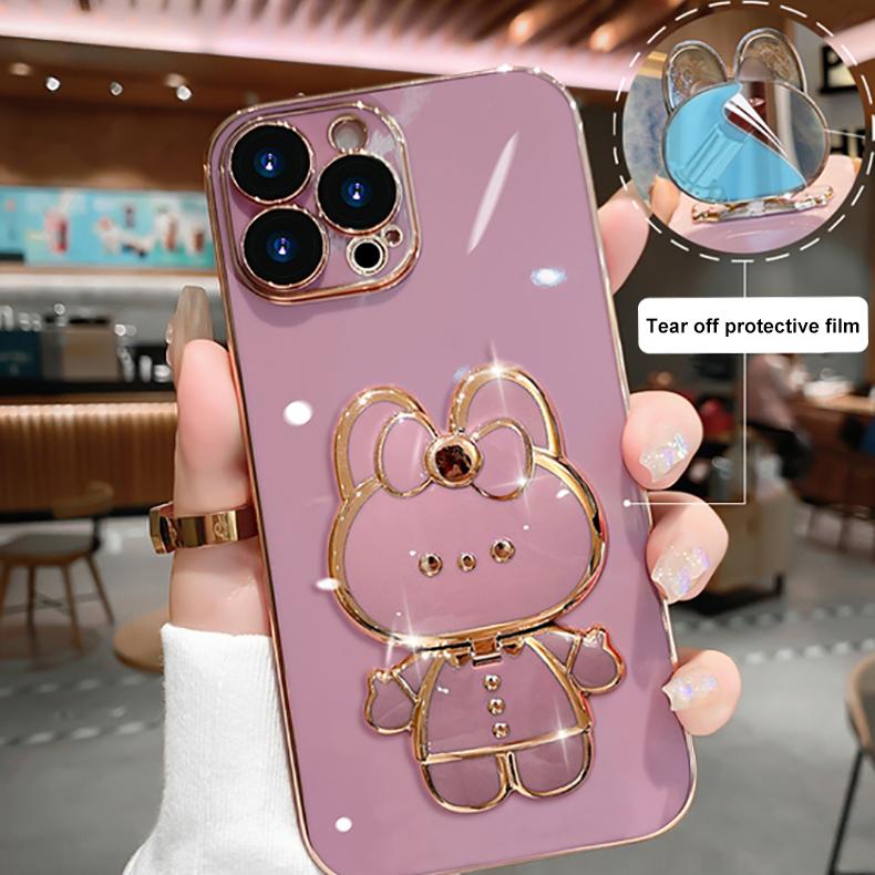 Cute Rabbit Mirror Stand Plating Phone Case for iPhone 16 15 14 13 12 Pro Max