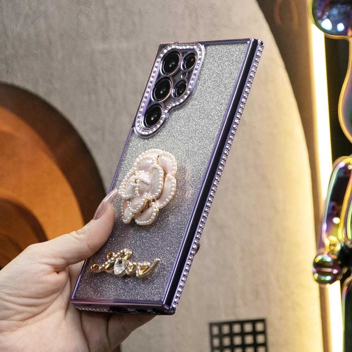 For Samsung S24 S23 S22 Plus Ultra Case, Clear Rhinestone Flower Gradient, Glitter Luxury Elegant Plating Case Camera Protection Shockproof Soft Cover