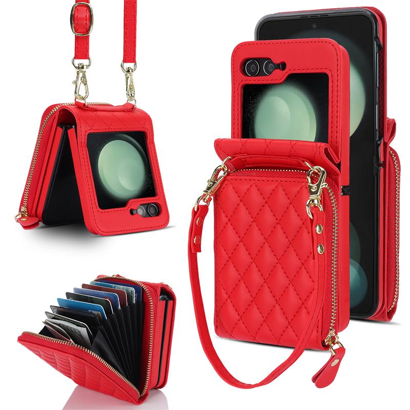 Crossbody Wrist Strap Phone Case for Samsung Galaxy Z Flip 6 5 4 Flip6 Flip5 Flip4 Flip3 Leather Wallet  with Card Holder Cover