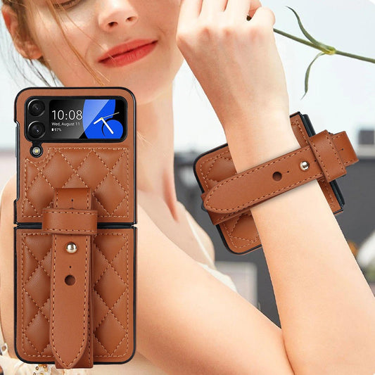 Leather Wristband Phone Case for Samsung Galaxy Z Flip 6 5 4 5G Flip5 Zflip4 Wrist Strap Thin Skin Feeling Shockproof Stand Cover