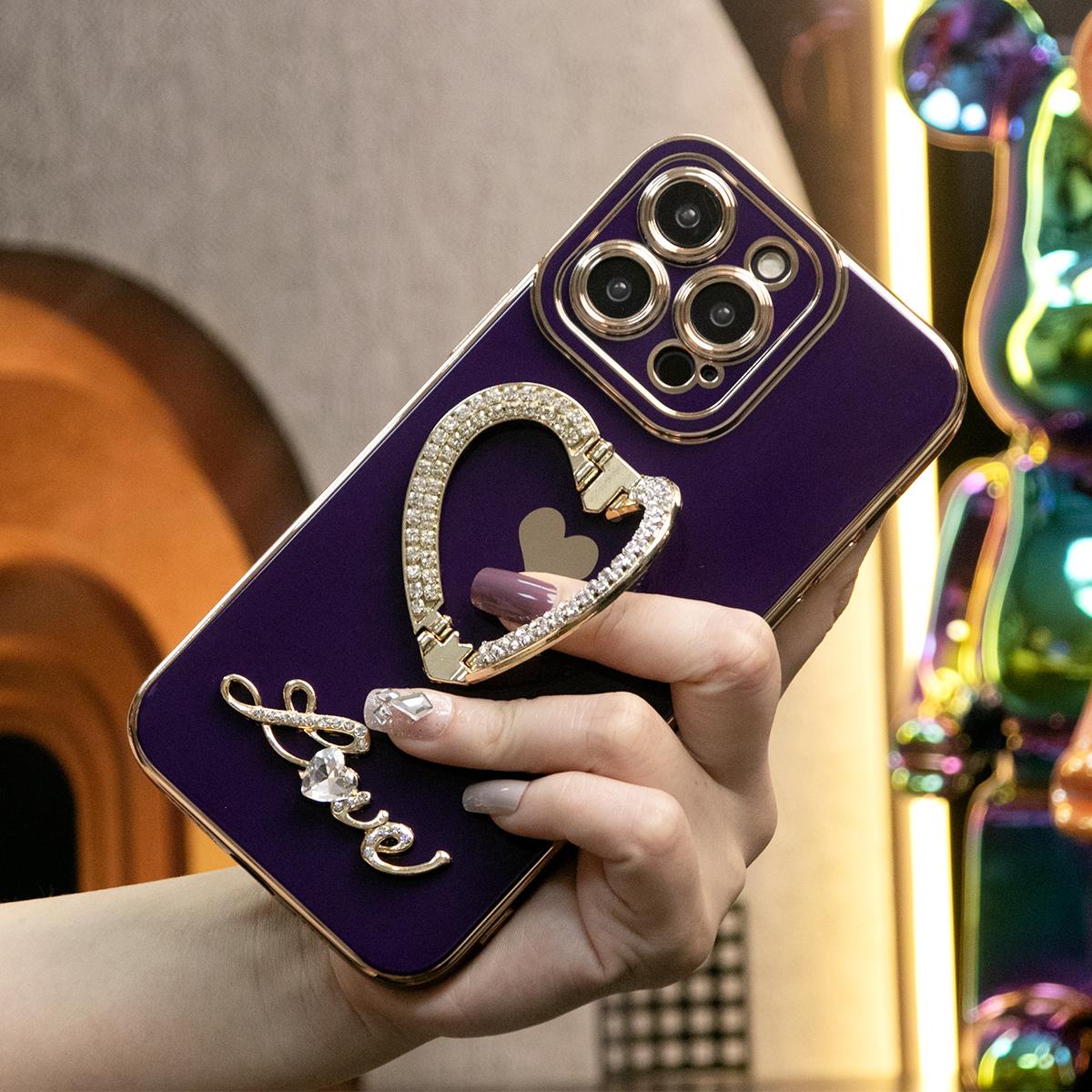 For iPhone 16ProMax 16 15 14 13 12 11 Pro Max, Luxury Rhinestone Love Heart Kickstand Holder Plating Soft Camera Protector Phone Case