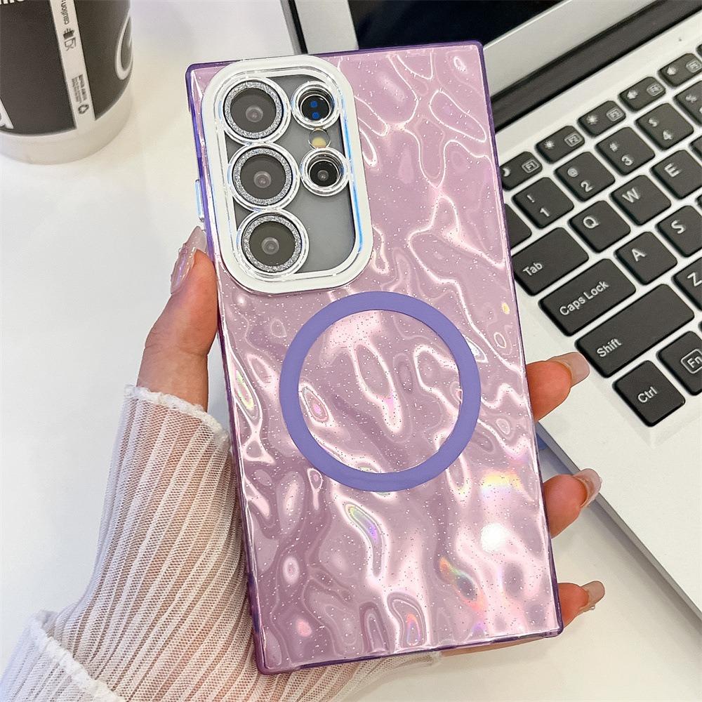 For Samsung S25 S24 S23 A16 A15 A25 A35 A36 A54 A55 A56 Phone Case, Electroplating Magnetic Laser Flow Silk Pattern Acrylic Slim With Glitter Len Protector, Protection Non-Yellowing Hard Cover
