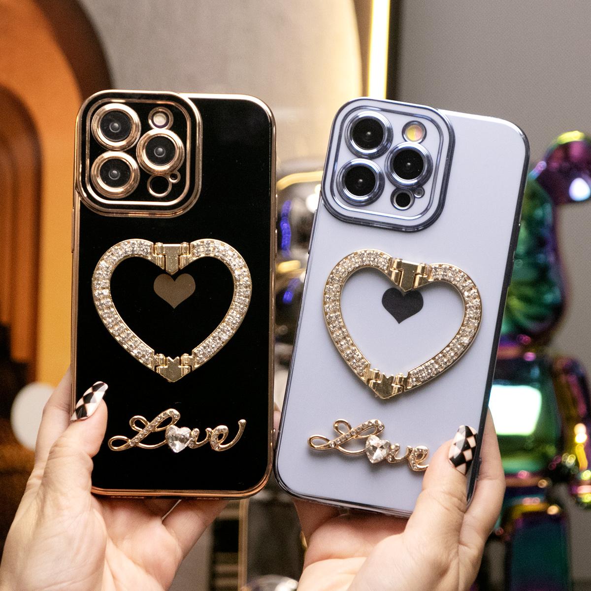 For iPhone 16ProMax 16 15 14 13 12 11 Pro Max, Luxury Rhinestone Love Heart Kickstand Holder Plating Soft Camera Protector Phone Case