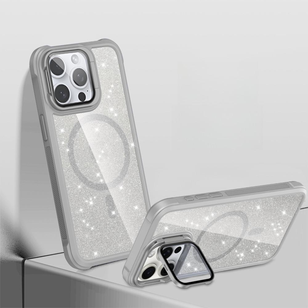 For iPhone 16ProMax 16 15 14 13 12 11 Strong Magnetic Phone Case, Glass Camera Kickstand Protection, Glitter Clear Acrylic Four Corner Shockproof Bumper Hand Feel Hard Full Cover