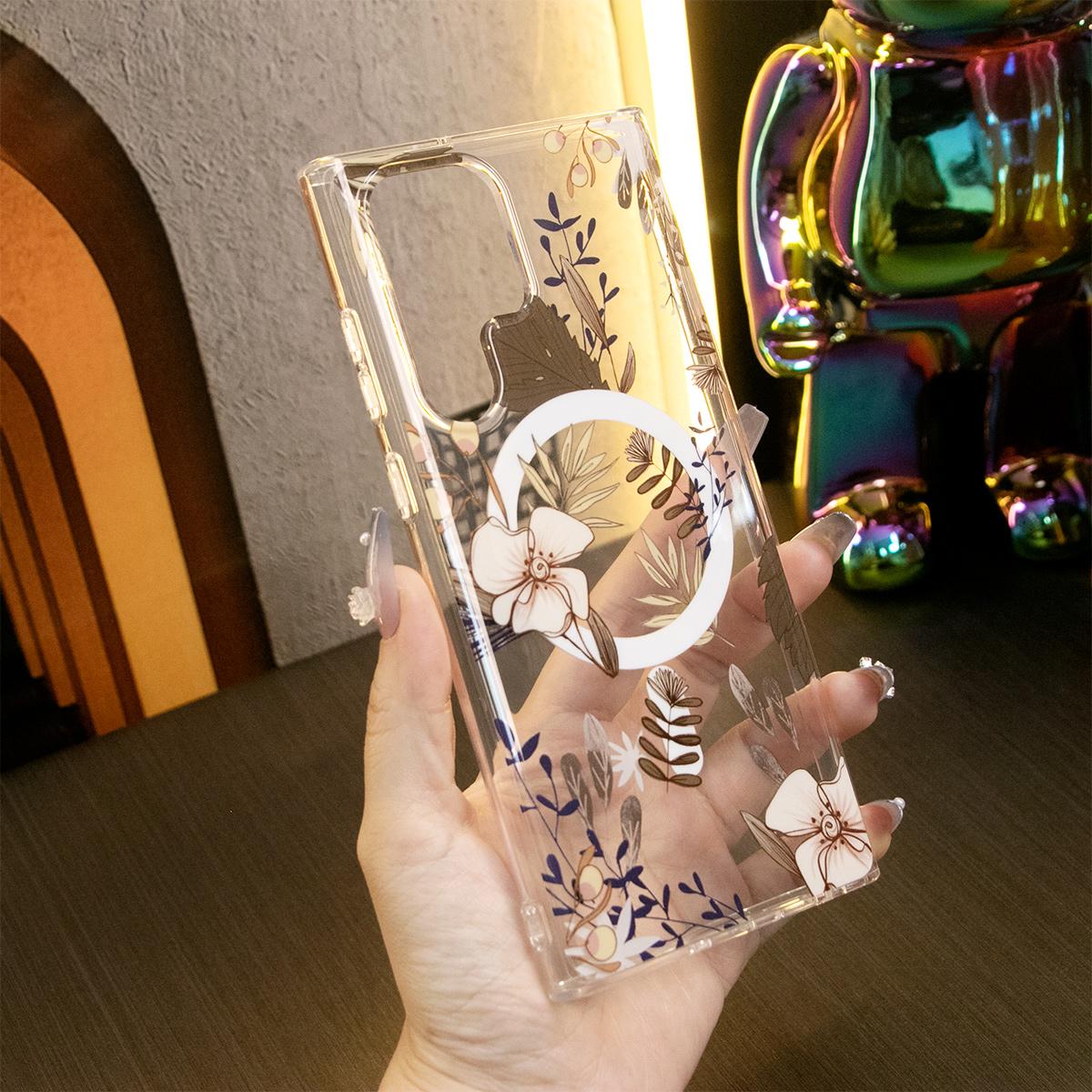 For Samsung S24 S23 S22 S21 Note20 Ultra Case, Clear Flower Magnetic, Glitter Luxury Elegant Case Camera Protection Shockproof Hard Cover