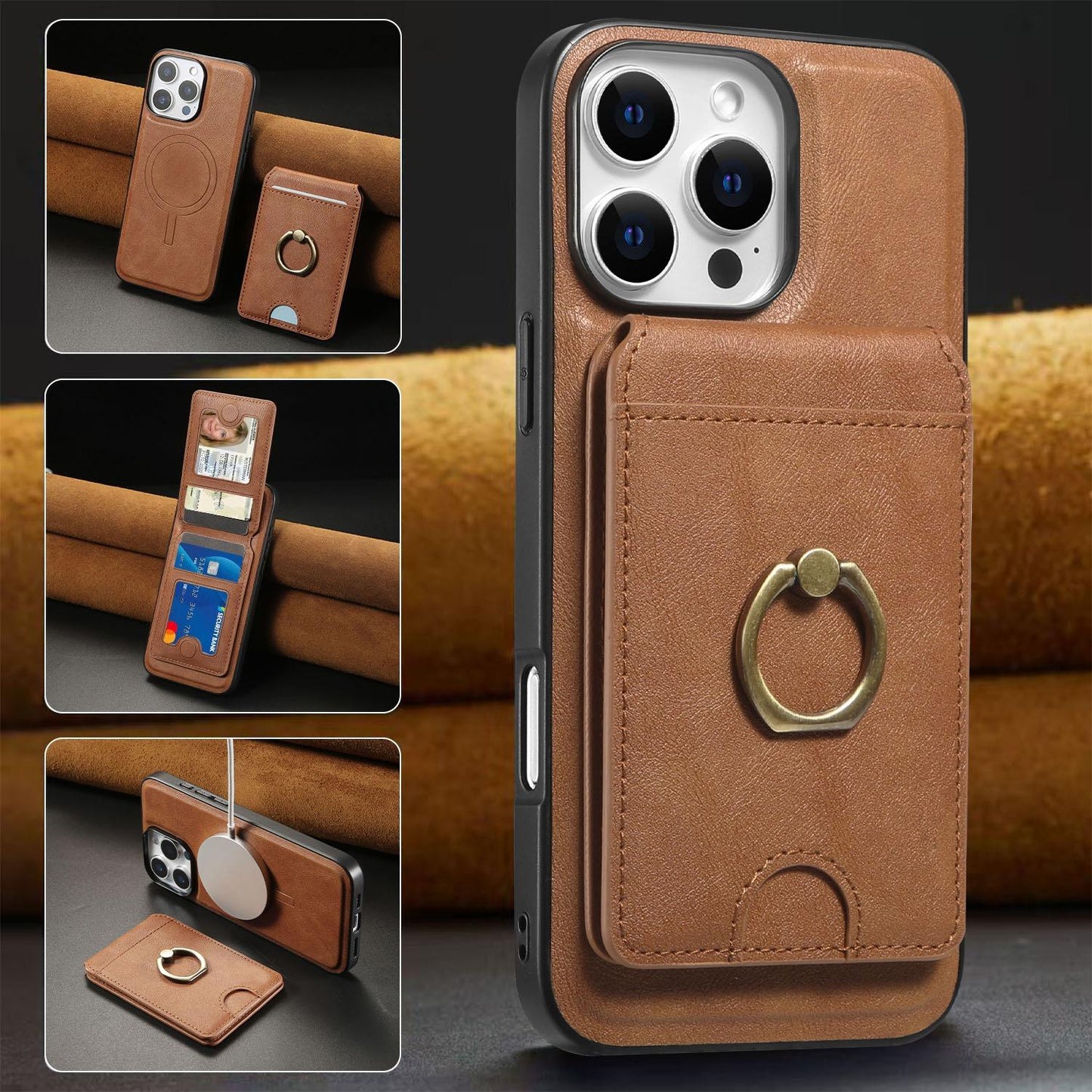 For iPhone 16ProMax 16 15 14 13 12 Leather Phone Case with Strong Magnetic Wallet Ring Stand, Anti-Fall Card Bag Kickstand for Magsafe Shockproof Business Hard Full Cover