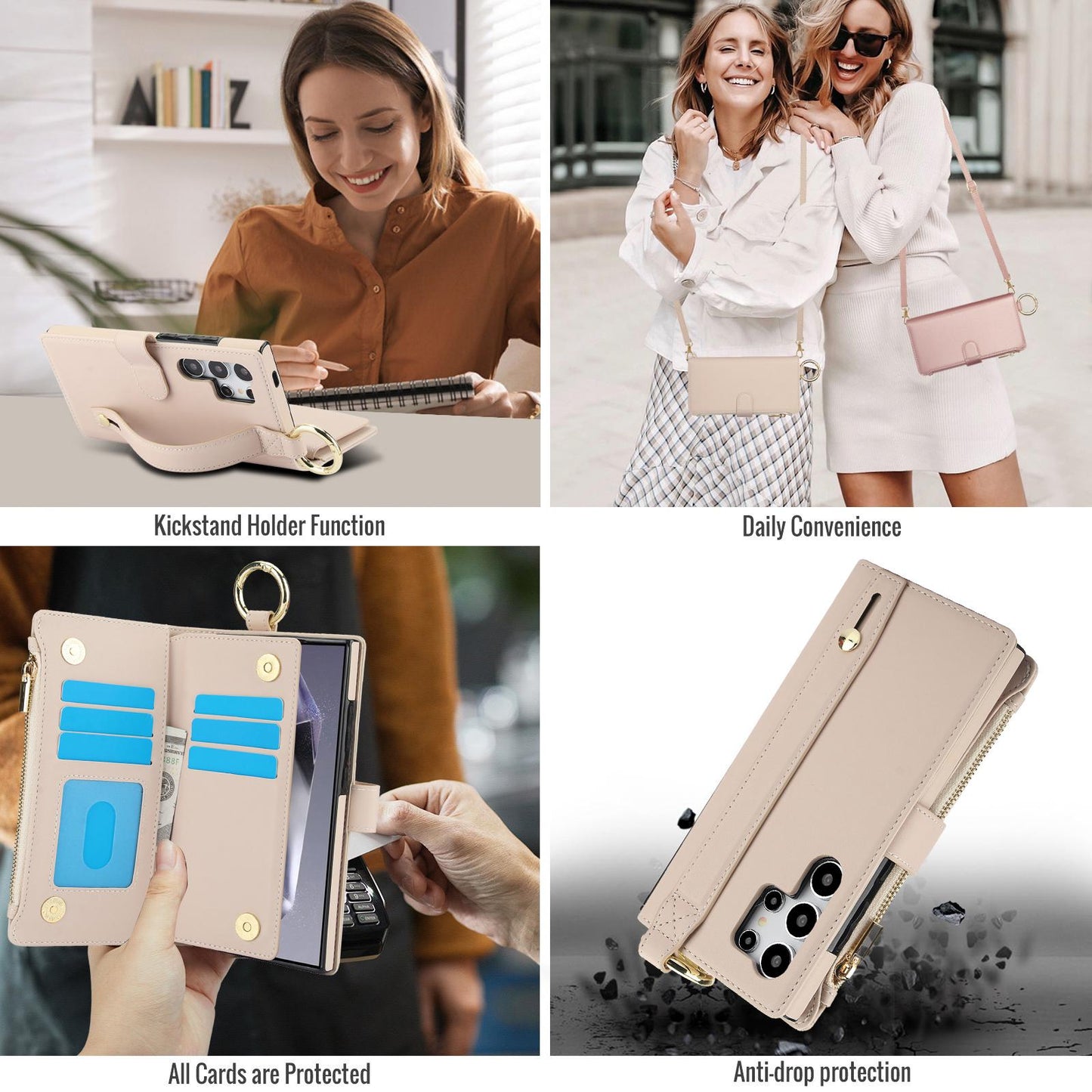 Crossbody Cards Solt Zipper Wallet Leather Case For Samsung Galaxy Z Fold 5 4 3 6 5G Wristband Ring Holder Kickstand Cash Pocket