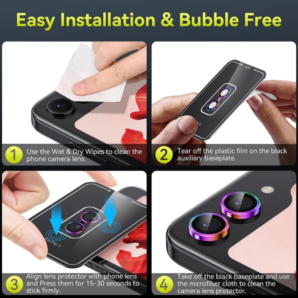 Metal Camera Lens Protector For Samsung Galaxy Z Flip 5 Anti Scratch 9H Tempered Glass With Metal Ring Lens Cover For Galaxy Z Flip5