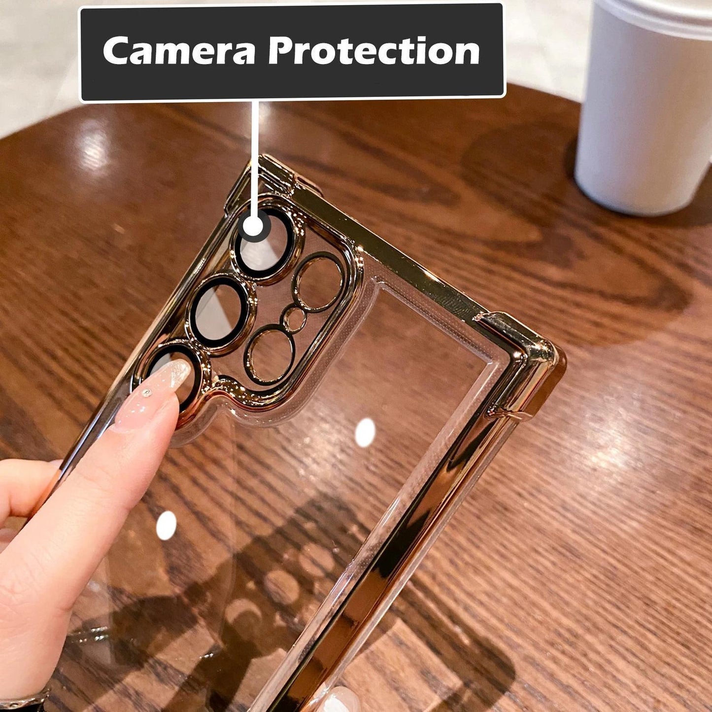 Electroplated Four Corners Anti-fall Transparent Hard PC Phone Case For Samsung S25 S24 S23 S22 S21 Note20 A54 A55, Full Cover with Camera Protector