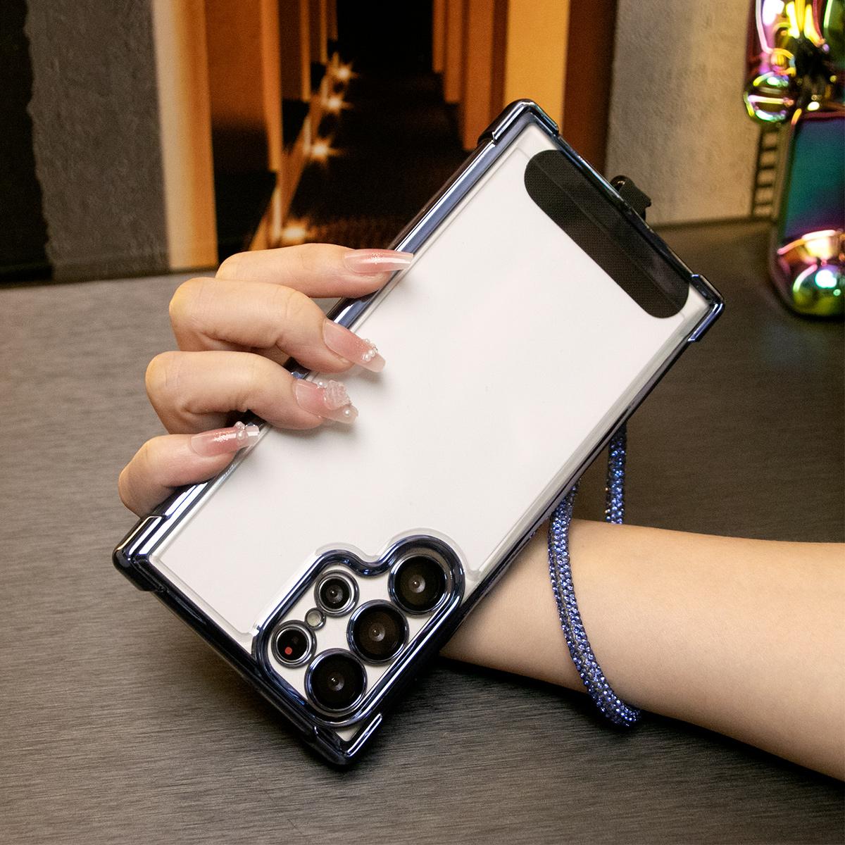 Electroplated Four Corners Anti-fall Transparent Hard PC Phone Case With Rhinestone Wristband For Samsung S24 Ultra S23FE S22 S22 Note20 Ultra , Full Cover with Camera Protector