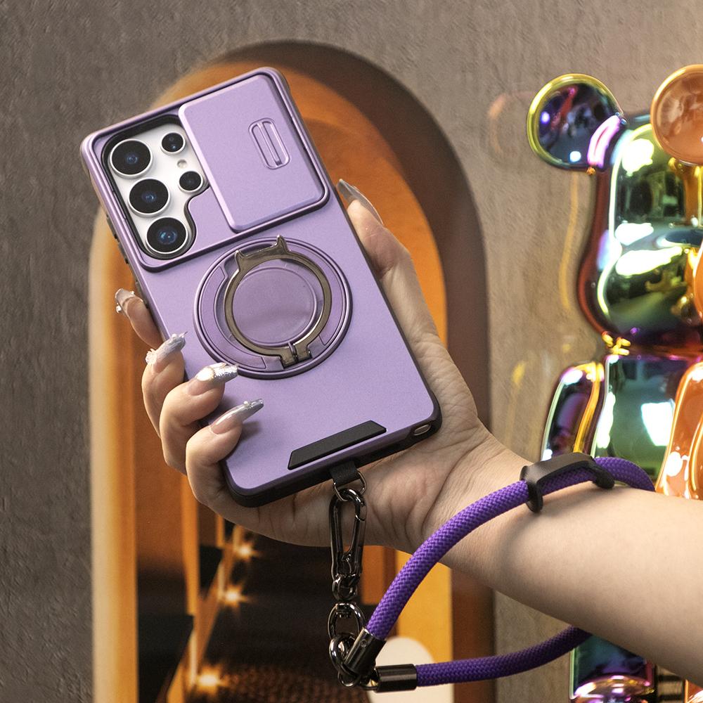 Removable Dust-proof Lens Cap Protection Phone Case 360 Rotating Metal Kickstand Wristband For Samsung S25Ultra S24 S23 S22 S21 Note20 A06 A15 A16 A25 A35 A36 A53 A54 A55 Shockproof Cover
