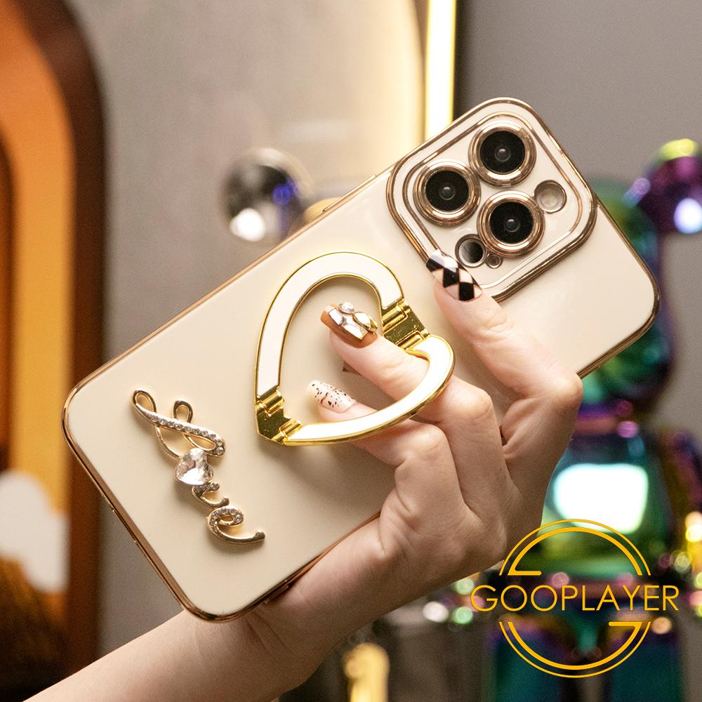 For iPhone 16 15 14 13 12 11 Pro Max, Luxury Love Heart Kickstand Holder Plating Soft Camera Protector Phone Case