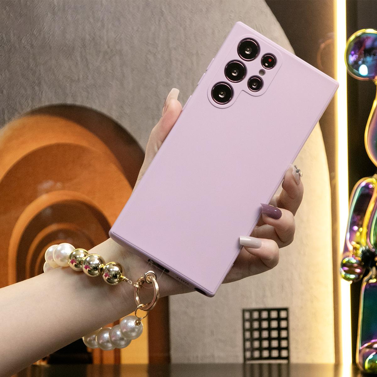 Silicone Matte Phone Case with Pearl Metal Lanyard For Samsung S24 S23 S22 S21 Ultra Plus S24Plus S24Ultra Camera Protect Soft Cover S23 FE