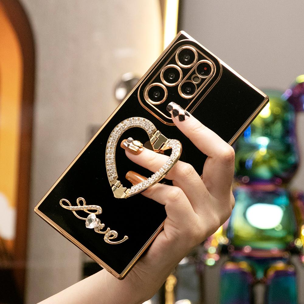 Luxury Rhinestone Love Heart Holder Plating Phone Case For Samsung S25 S24 S23 S22 S21 A16 A15 A25 A35 A55
