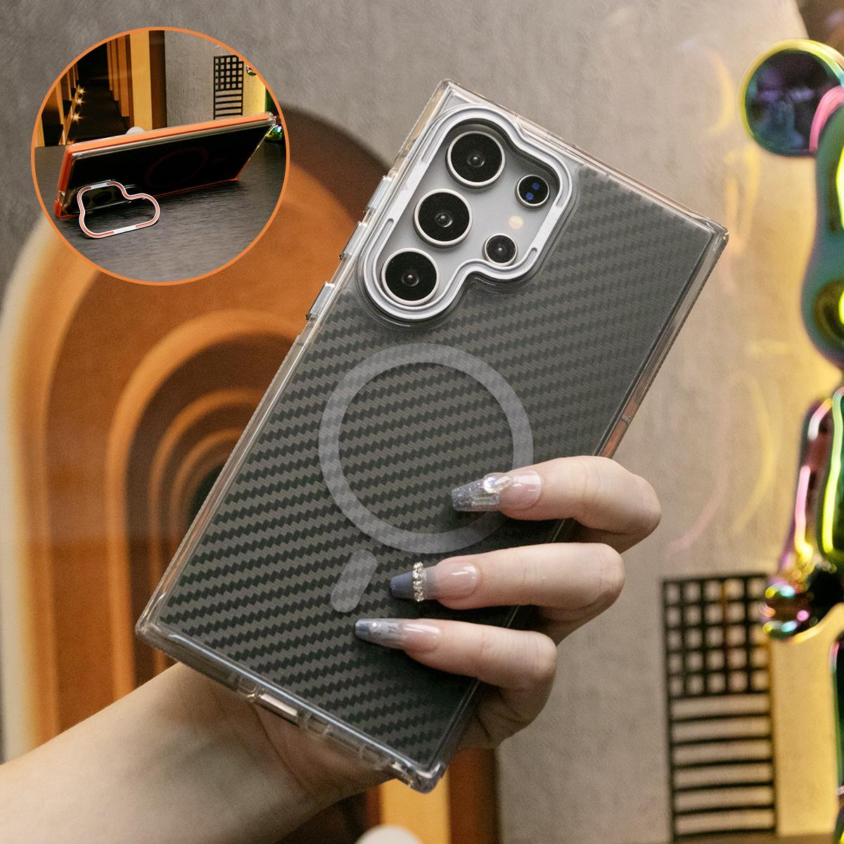 Strong Magnetic Carbon Fiber Pattern Phone Case, Metal Hardware Camera Lens Kickstand Acrylic Cover, With Shockproof Anti-Fall Bumper For Samsung S25 S24 S23 S21FE A14 A15 A24 A25 A35 A54 A55