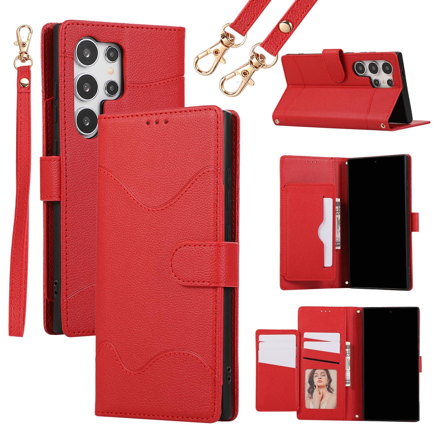 Wrist Strap Crossbody Wallet with Card Holder Phone Case for Samsung S24 Ultra S23 S22 S21 Plus PU Leather Shockproof Cover