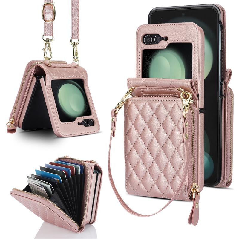 Crossbody Wrist Strap Phone Case for Samsung Galaxy Z Flip 6 5 4 Flip6 Flip5 Flip4 Flip3 Leather Wallet  with Card Holder Cover