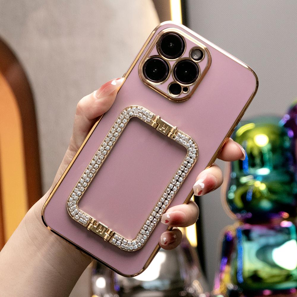 3D Crystal Square Holder Plating Phone Case for iPhone 16 15 14 13 12 Pro Max