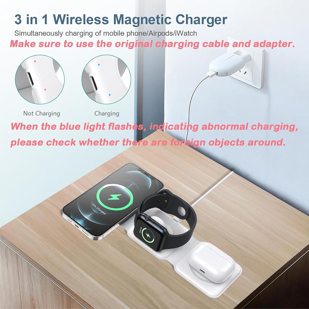 3 in 1 Foldable Wireless Charger, Magnetic Fast Wireless Charging, Compatible with iPhone 16 15 14 13 12 Series,  For Apple Watch, For AirPods Pro (Adapter not Included)