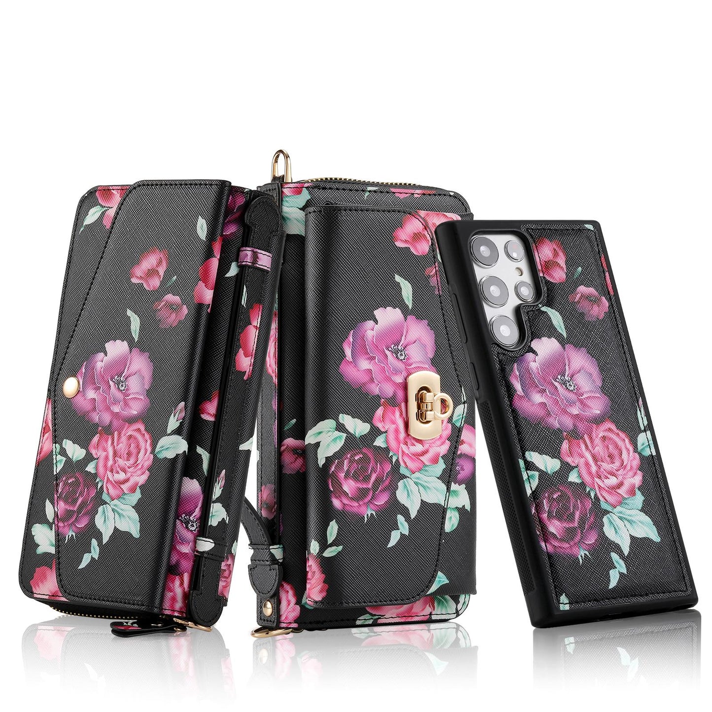 Flower Leather Magnetic Wallet Upgrade Hand Strap Phone Case For Samsung Galaxy S23 Ultra S22 Plus Note 20 Ultra Multifunction Zipper Business Split Cover POLA 001