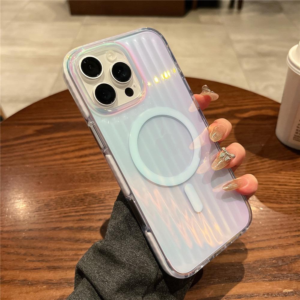 Transparent Gradient Corrugated Grille Suitcase Strong Magnetic Hard Polycarbonate Shockproof Phone Case with Bumper Strip for iPhone 16ProMax 16 15 14 13 Matte Frozen Fog Full Cover