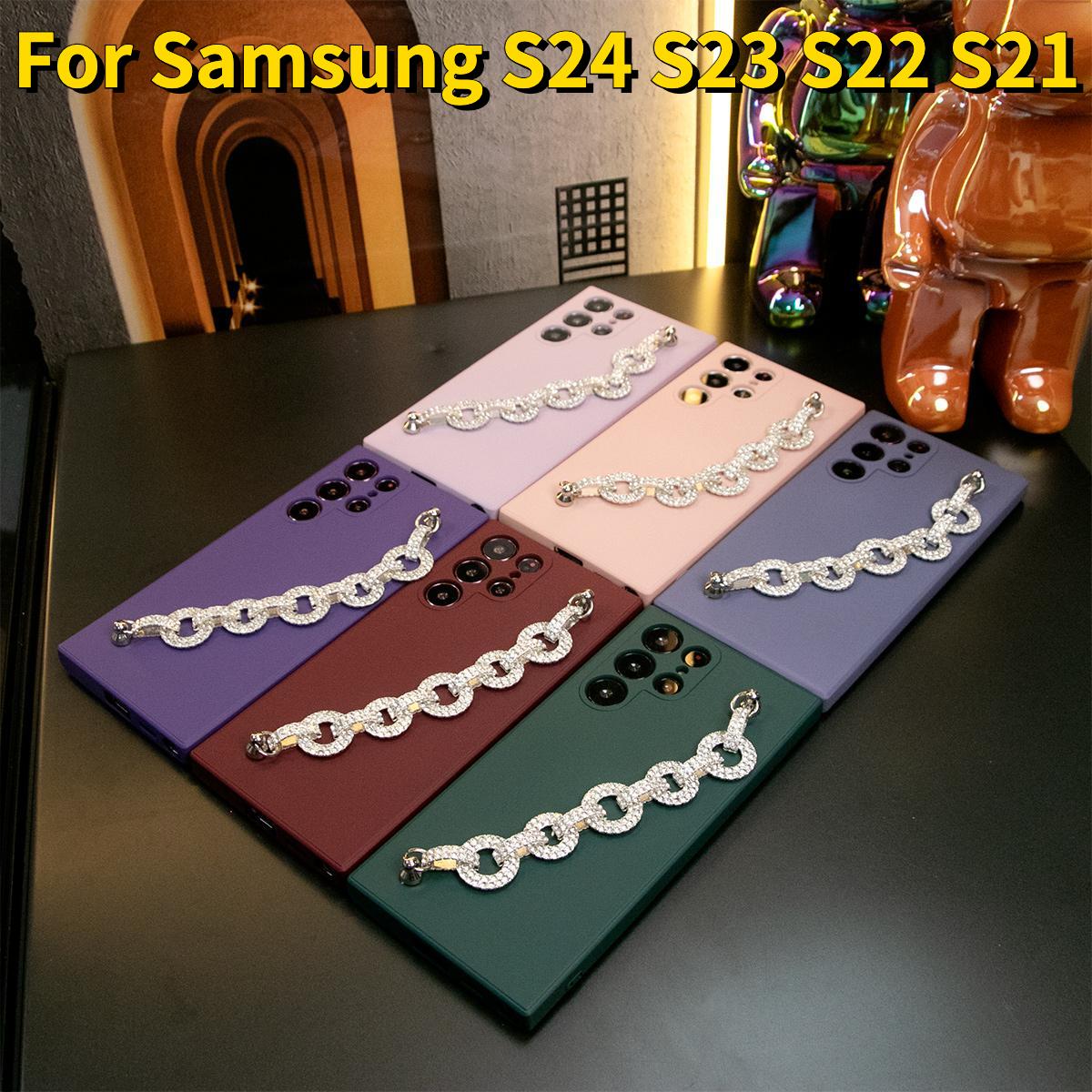 Coque de téléphone en silicone mat avec chaîne en diamant pour Samsung S24 S23 S22 S21 Ultra Plus S24Plus S24Ultra Camera Protect Soft Cover S23 FE