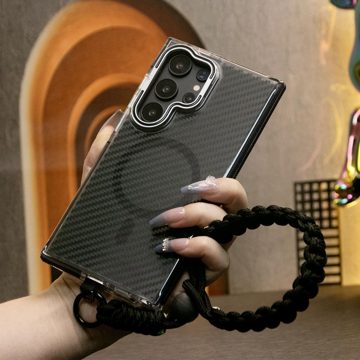 Magnetic Carbon Fiber Pattern Phone Case, Metal Hardware Camera Stand Acrylic Cover, With Adjustable Woven Strap, Anti-Fall Bumper For Samsung S24 S23 S21 Ultra FE A14 A15 A24 A25 A35 A54 A55 A05