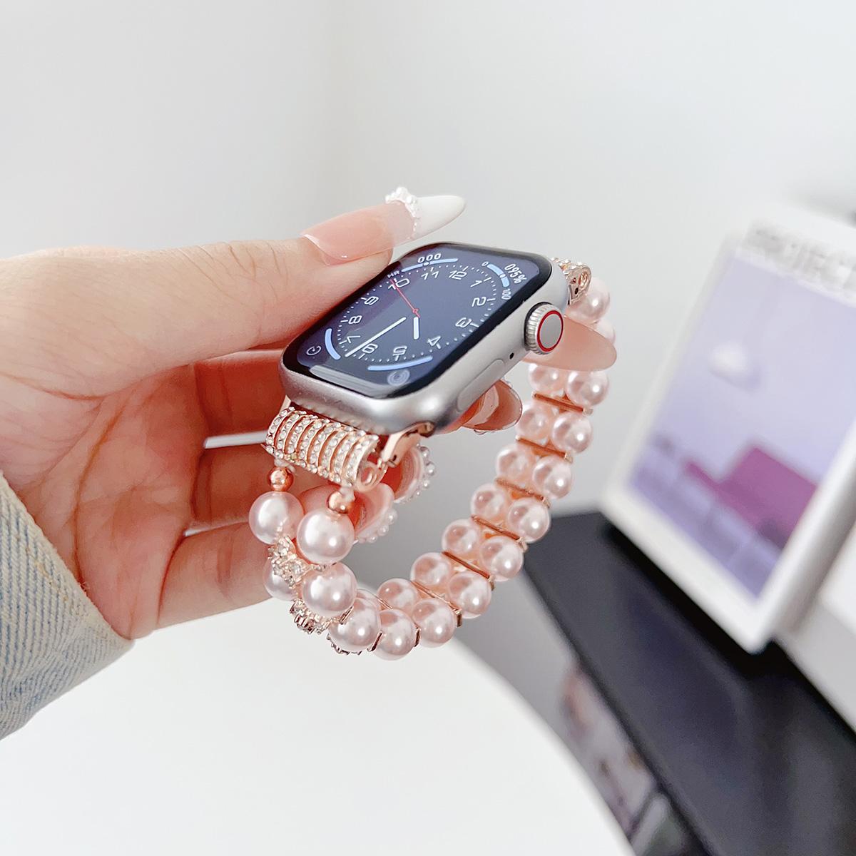 Dual Raw Pearl Chain Strap for Apple Watch 44mm Band 45 42 38 41 Ultra 49mm Link Bracelet for IWatch Series 9 8 7 6 SE 5 4