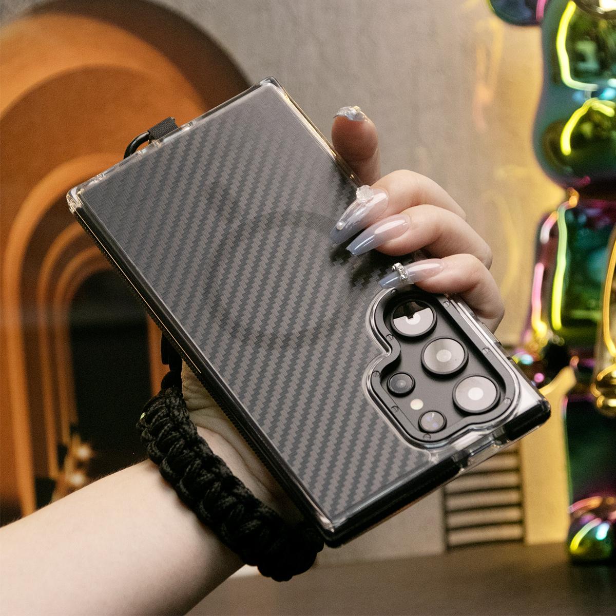 Strong Magnetic Carbon Fiber Phone Case, With Adjustable Woven Wristband, Metal Hardware Acrylic, Shockproof Anti-Fall Bumper For Samsung S25Ultra S25 S24 S23 S21FE A14 A15 A24 A25 A35 A54 A55 A05