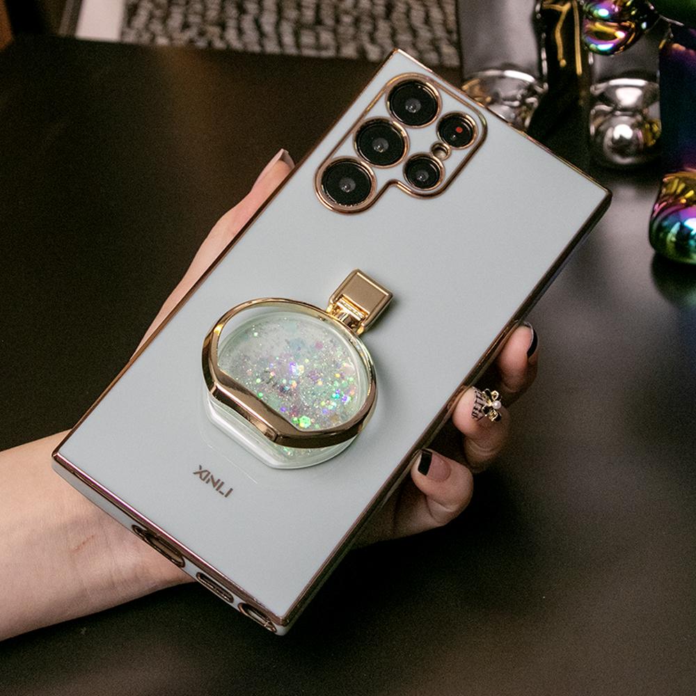 Quicksand Perfume Bottle Stand Plating Phone Case for Samsung S24Ultra S24FE S23 S22 S21 FE Plus Ultra Note 20