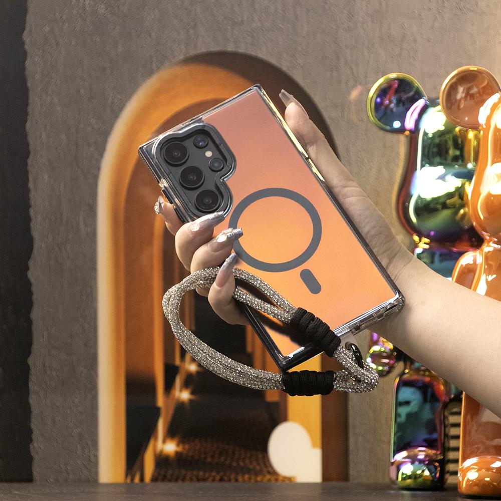 Laser Gradient Chameleon Strong Magnetic Case For Samsung S25Ultra S25 S24 S23 S22 S21FE A06 A15 A16 A25 A35 A36 A53 A54 A55 With Diamond Wristband Metal Frame Acrylic Shockproof Cover