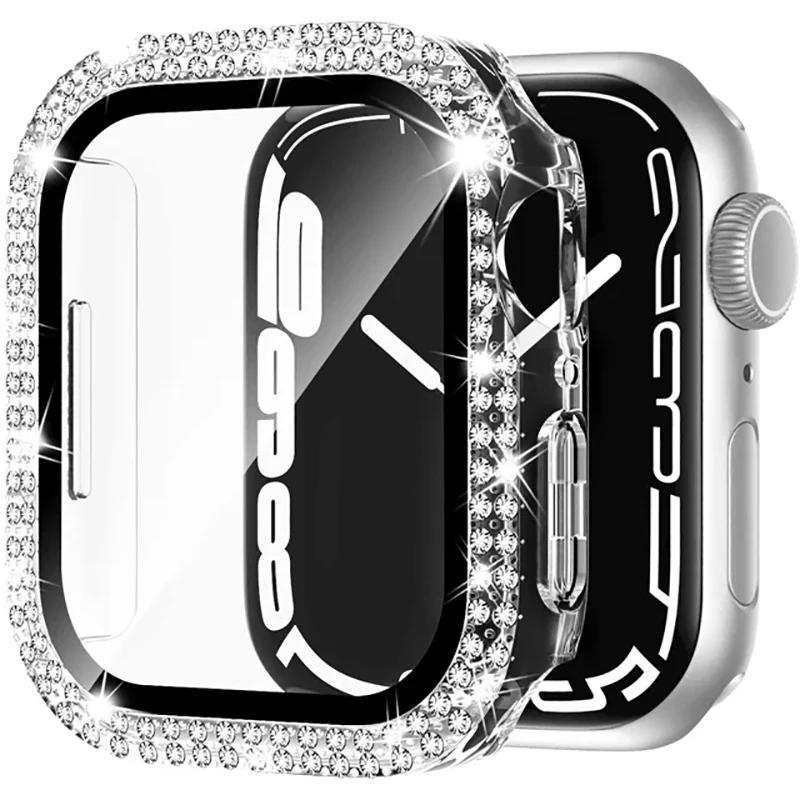 Coque en verre + diamant pour boîtier de montre Apple 40 mm 44 mm 41 mm 45 mm 38 mm 42 mm Bling Bumper Protector iWatch série 9 3 5 6 7 8 se