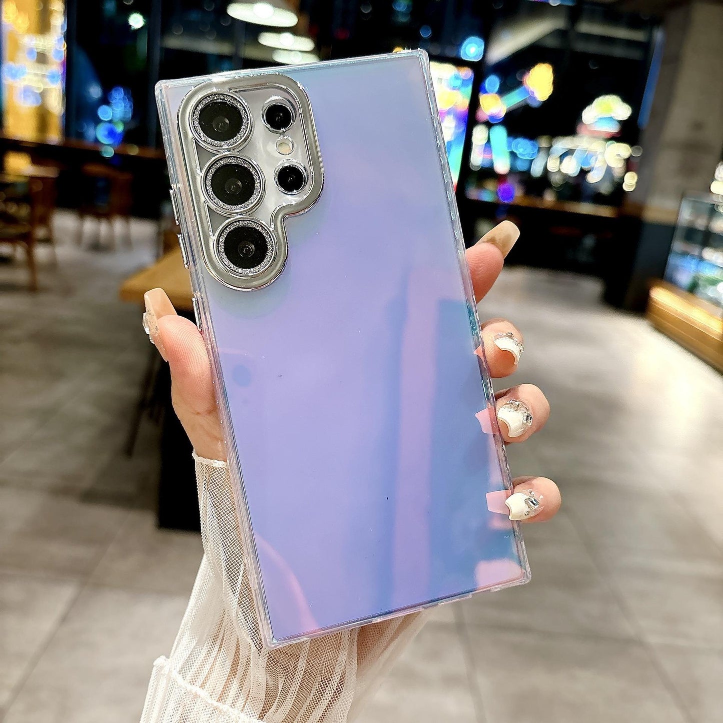 For Samsung S25Ultra S25 S24 S23 S22 Phone Case, Luxury Electroplating Laser Feathers Silk Pattern Acrylic Slim With Glitter Len Protector, Full Camera Protection Non-Yellowing Hard Cover