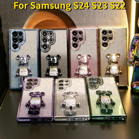 For Samsung S24 S23 S22 Plus Ultra Case, Clear Rhinestone Candy Bear Holder Gradient, Glitter Luxury Elegant Plating Case Camera Protection Shockproof Soft Cover