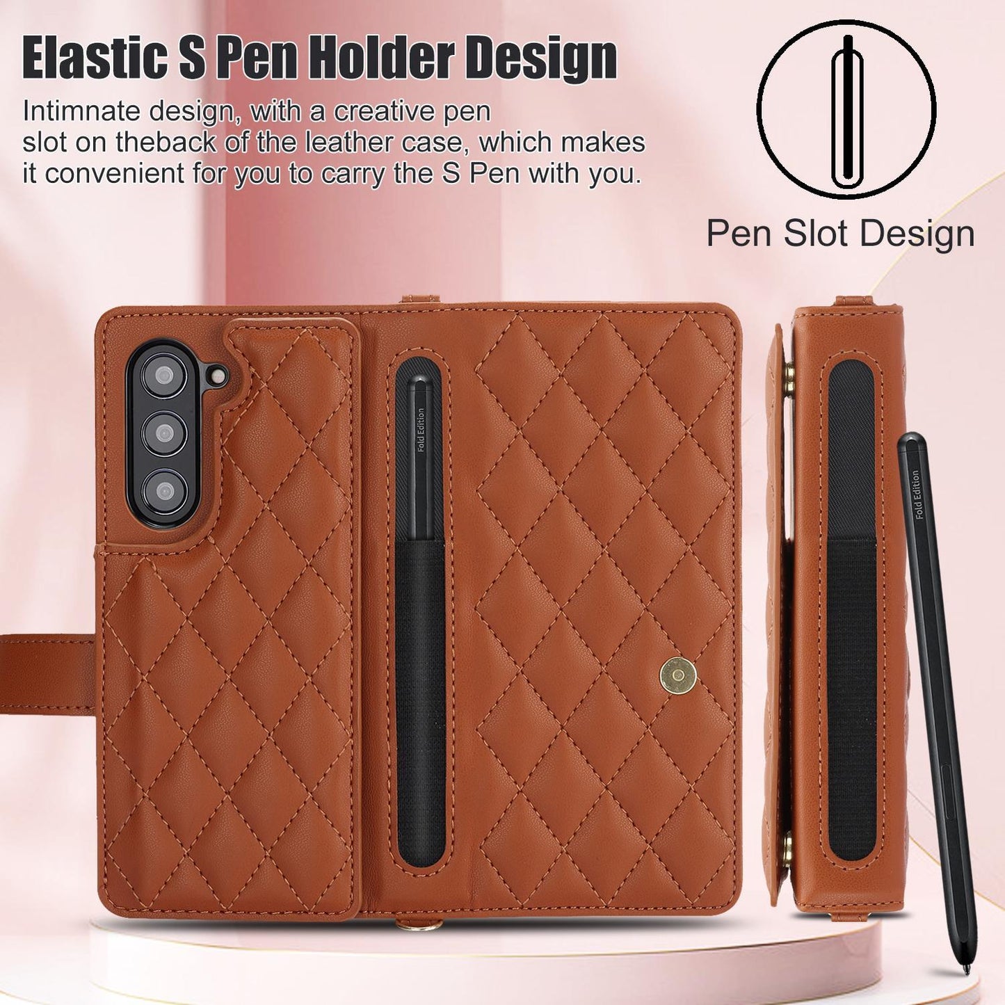 Crossbody Leather with Pen Slot Phone Case for Samsung Galaxy Z Fold 5 4 Fold5 Fold4 Fold3 Wrist Strap Wallet Card Holder Cover