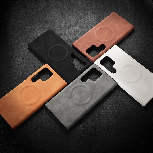 For Samsung S25Ultra S24Ultra S23Ultra Phone Case, Antislip Matte Luxury Goat Bark Leather Strong Magnetic Slim Emboss Pattern Len Protection Shockproof Hard Full Cover