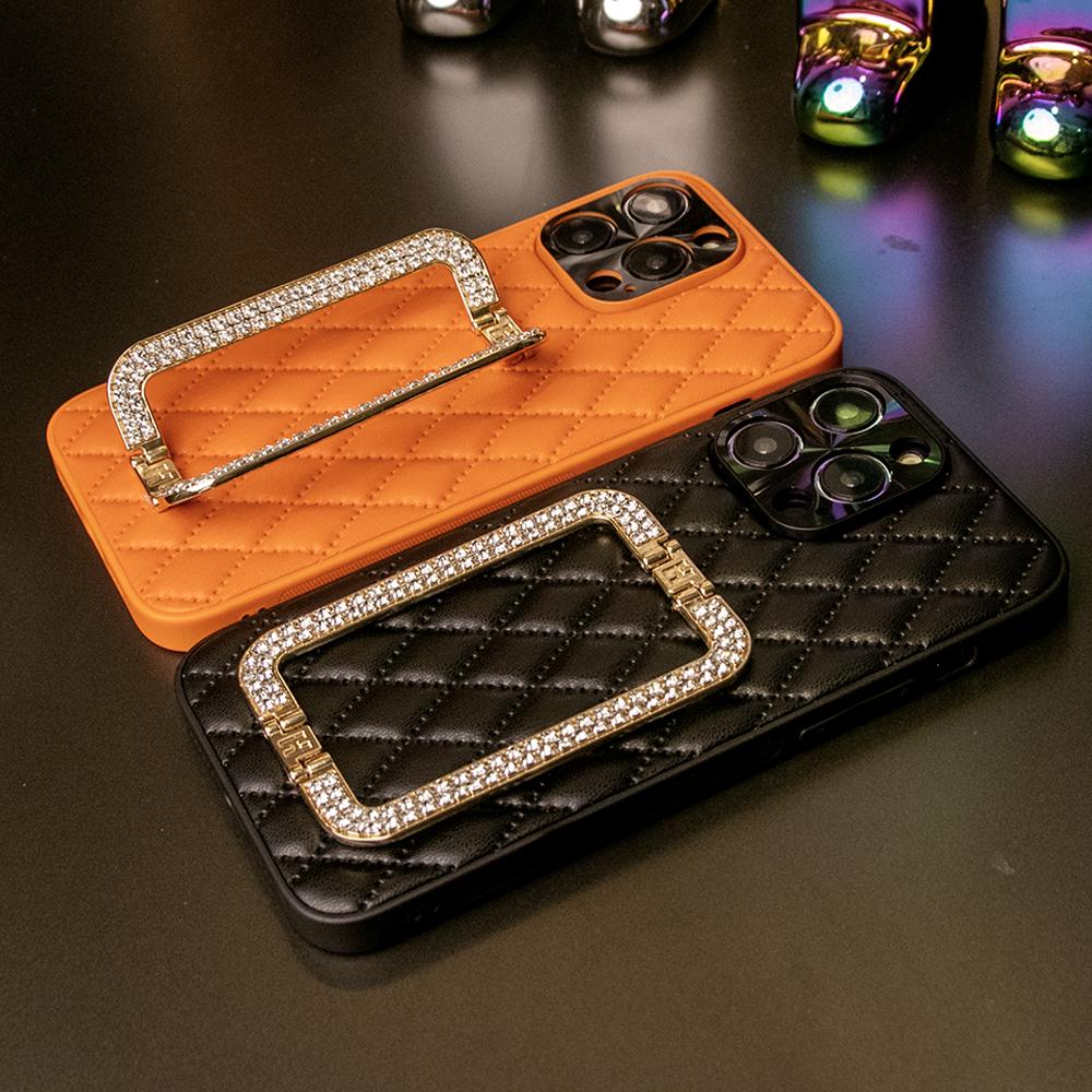 3D Crystal Square Holder Lattice Leather Phone Case for iPhone 16 15 14 13 12 Pro Max