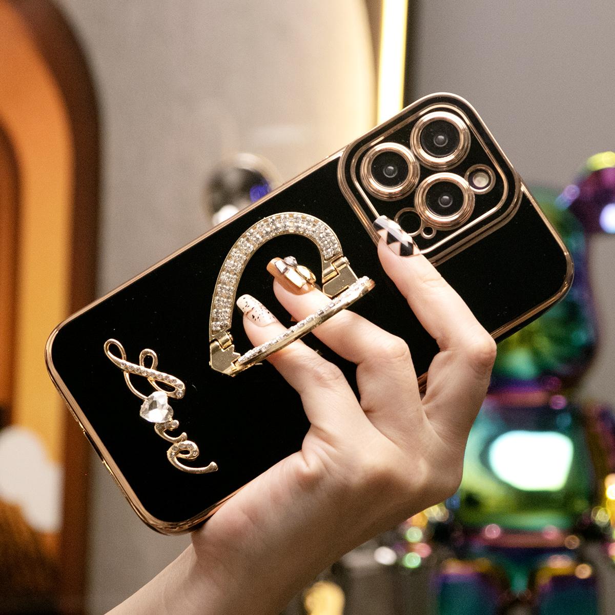 For iPhone 16ProMax 16 15 14 13 12 11 Pro Max, Luxury Rhinestone Love Heart Kickstand Holder Plating Soft Camera Protector Phone Case