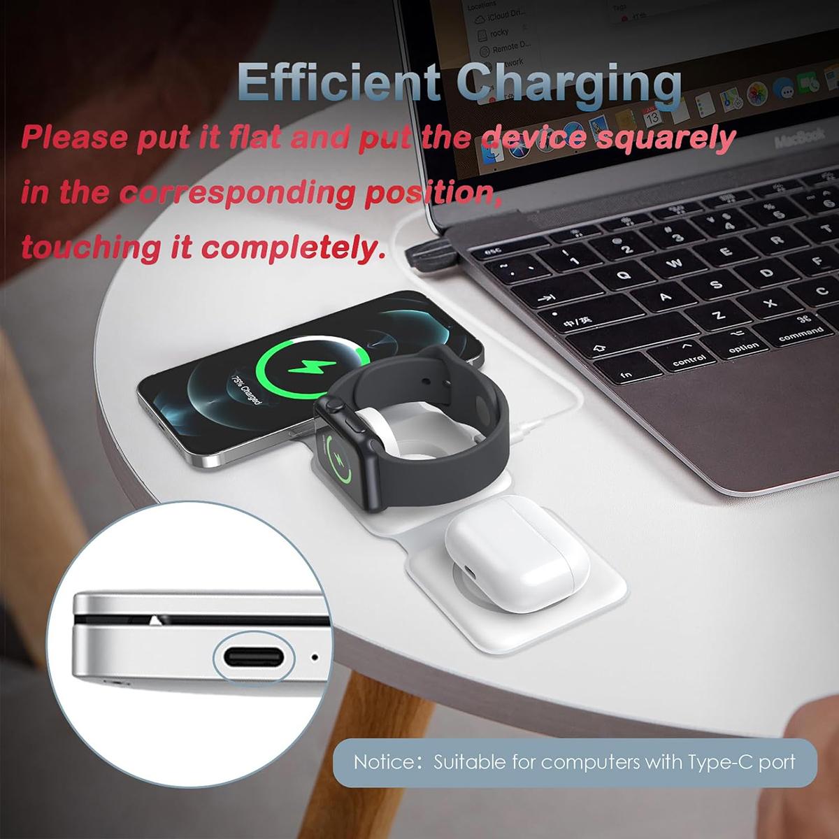 3 in 1 Foldable Wireless Charger, Magnetic Fast Wireless Charging, Compatible with iPhone 16 15 14 13 12 Series,  For Apple Watch, For AirPods Pro (Adapter not Included)