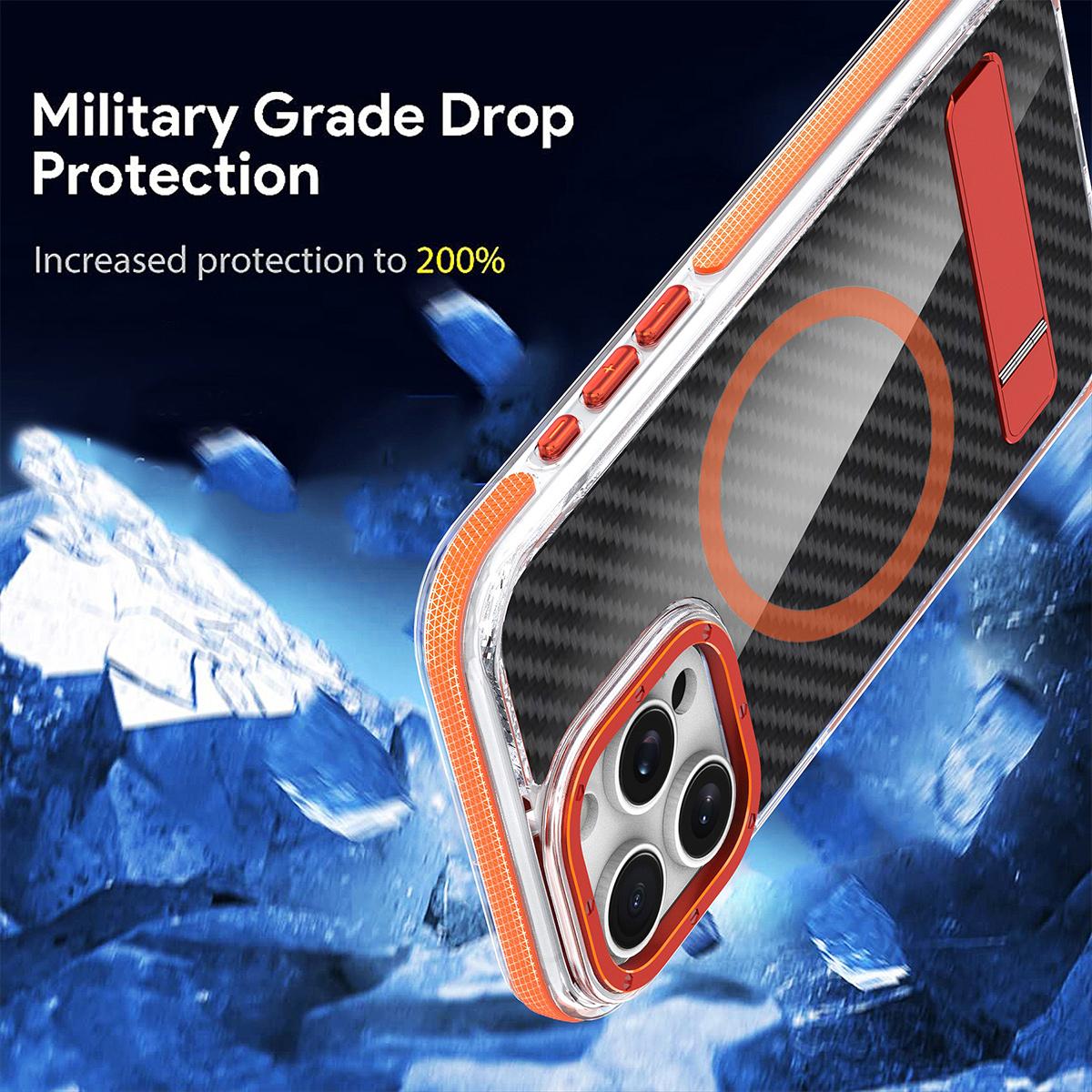 For iPhone 16 15 14 Pro Max Phone Case, Premium Strong Magnetic Carbon Fiber Metal Bracket Acrylic Clear Shockproof Anti-Fall Bumper for Magsafe Non-Yellowing Hard Full