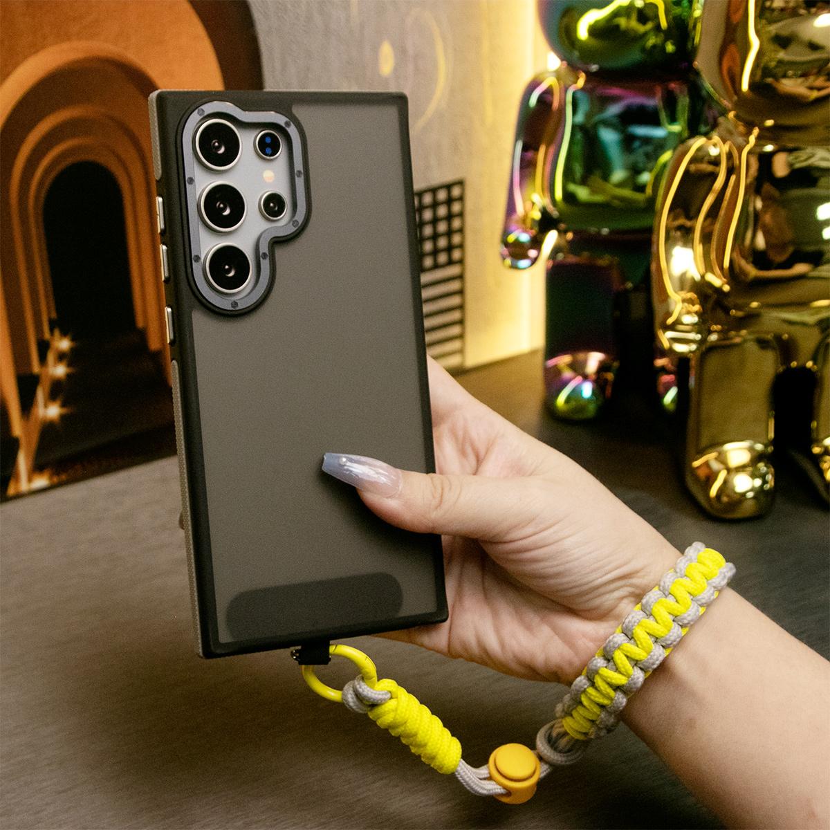 For Samsung S25Ultra S24 S23FE A15 A14 A25 A34 A35 A54 A55 Phone Case, Metal Camera Protection, With Adjustable Woven Wristband, Elegant Matte Metal Camera Frame Shockproof Bumper Hard Full Cover