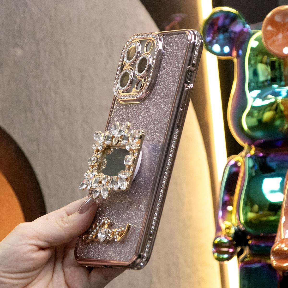Plating Glitter Diamond Rhinestone Mirror Kickstand Love Phone Case For iPhone 16 15 14 13 12 11 Pro Max