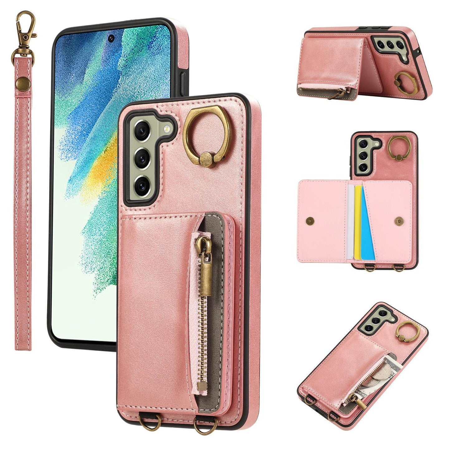 For Samsung S25Ultra S24 S23 S22 A16 A15 A35 A55 Leather Phone Case with Double Folding Wallet Wristband, Anti-Fall Card Bag Kickstand Shockproof Business Hard Full Cover