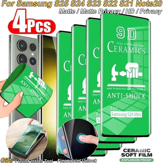 4 Pieces HD/Matte/Privacy Coverage Fingerprint Unlock Anti-Broken Soft Ceramic Film For Samsung S25Ultra S25 S24 S23 S22 S21 Note20 Screen Protector with Free Installation Tool