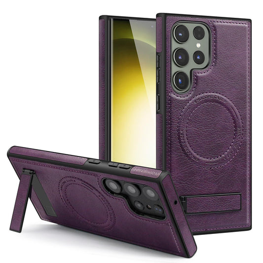 Magnetic Wireless Charging Phone Stand Bracket Leather TPU Silicone Case For Samsung S24 S23 S22 Ultra Plus